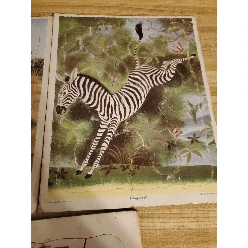 Vintage Playskool Wood Puzzles Set 3 Jungle Animals Leopard Zebra Elephant Tiger